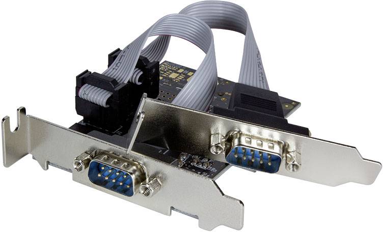 A serial interface card with two DB9 ports and ribbon cables for installation in a computer chassis.