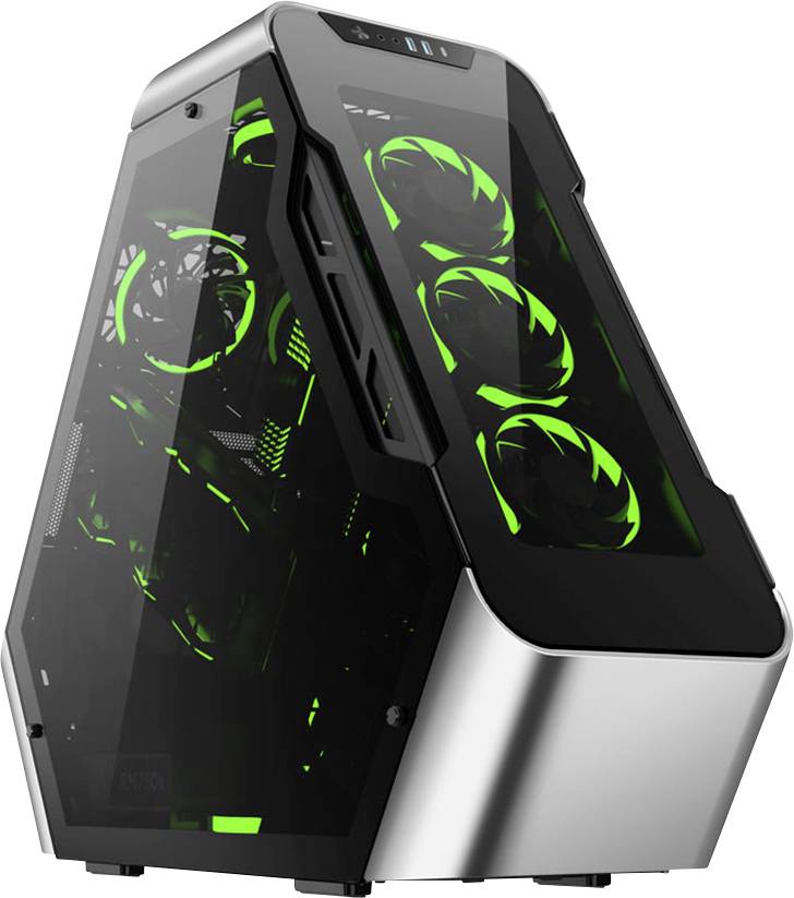 Futuristic desktop computer with a transparent casing and glowing, green fans. High-end design and cutting-edge technology.