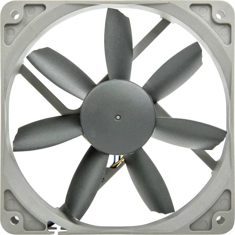 A grey computer fan with seven blades, mounted in a square frame.