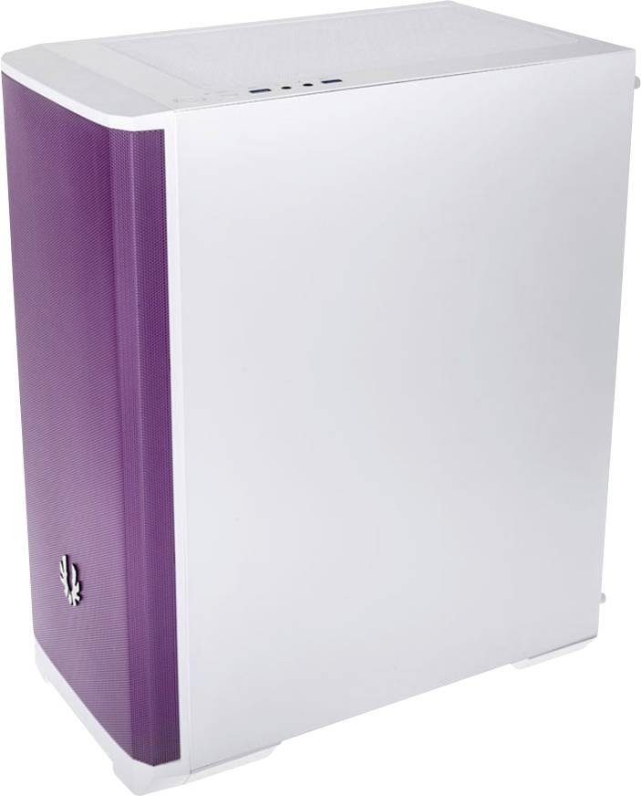 A white computer case with a purple front panel. On the top, there are ports and control buttons.