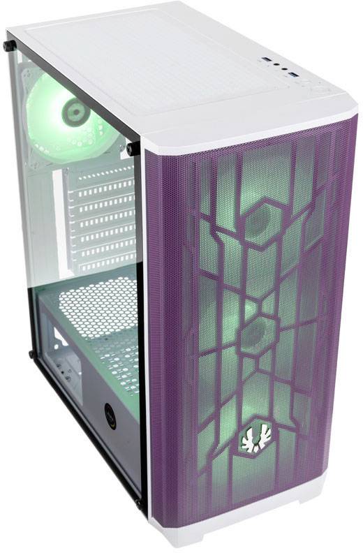 A white and lilac computer case with green lighting. Fans are installed and visible front grilles decorate the case.