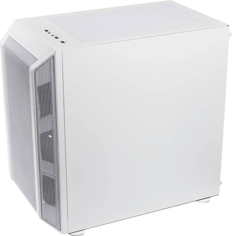 A white computer case with a mesh front panel and top control panel with ports.