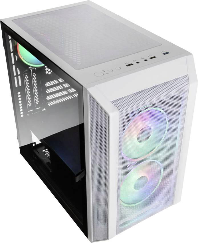 A white PC case with a side glass window and two large, illuminated fans at the front. Connections are located on the top.