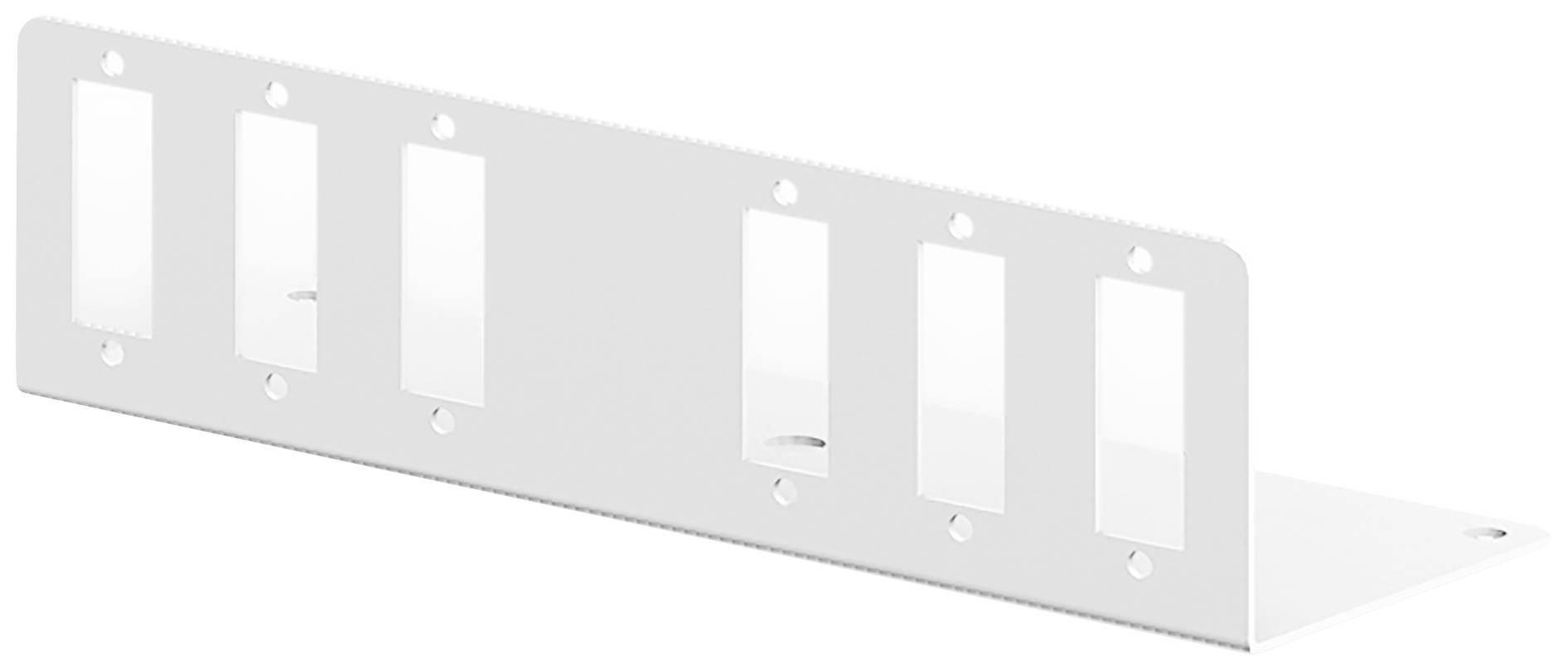 Metal angle bracket with four rectangular cutouts and five mounting holes, likely intended for installation purposes.