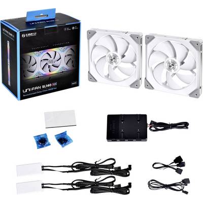 Two white computer fans with RGB lighting, packaging, control panel, and cables. Suitable for PC cooling and illumination.