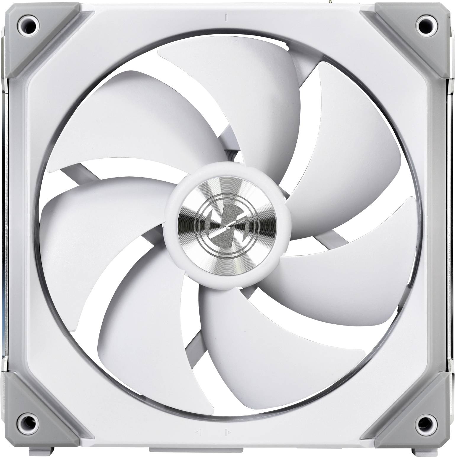 A white computer fan with a silver centre and six blades.