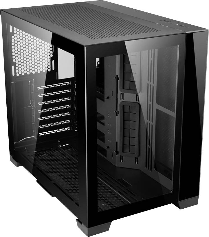 A modern computer case with a glass front panel and ventilated side section, suitable for building a high-end PC.