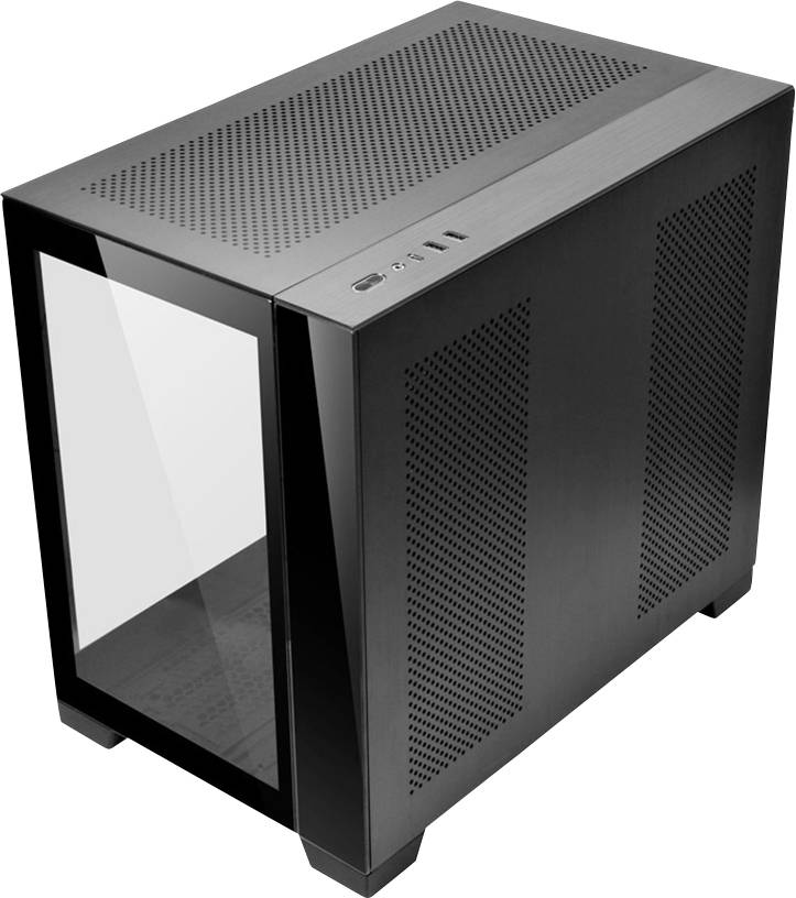 Black computer case with a transparent side window, ventilated side panels, and top-mounted ports. Modern, minimalist design.