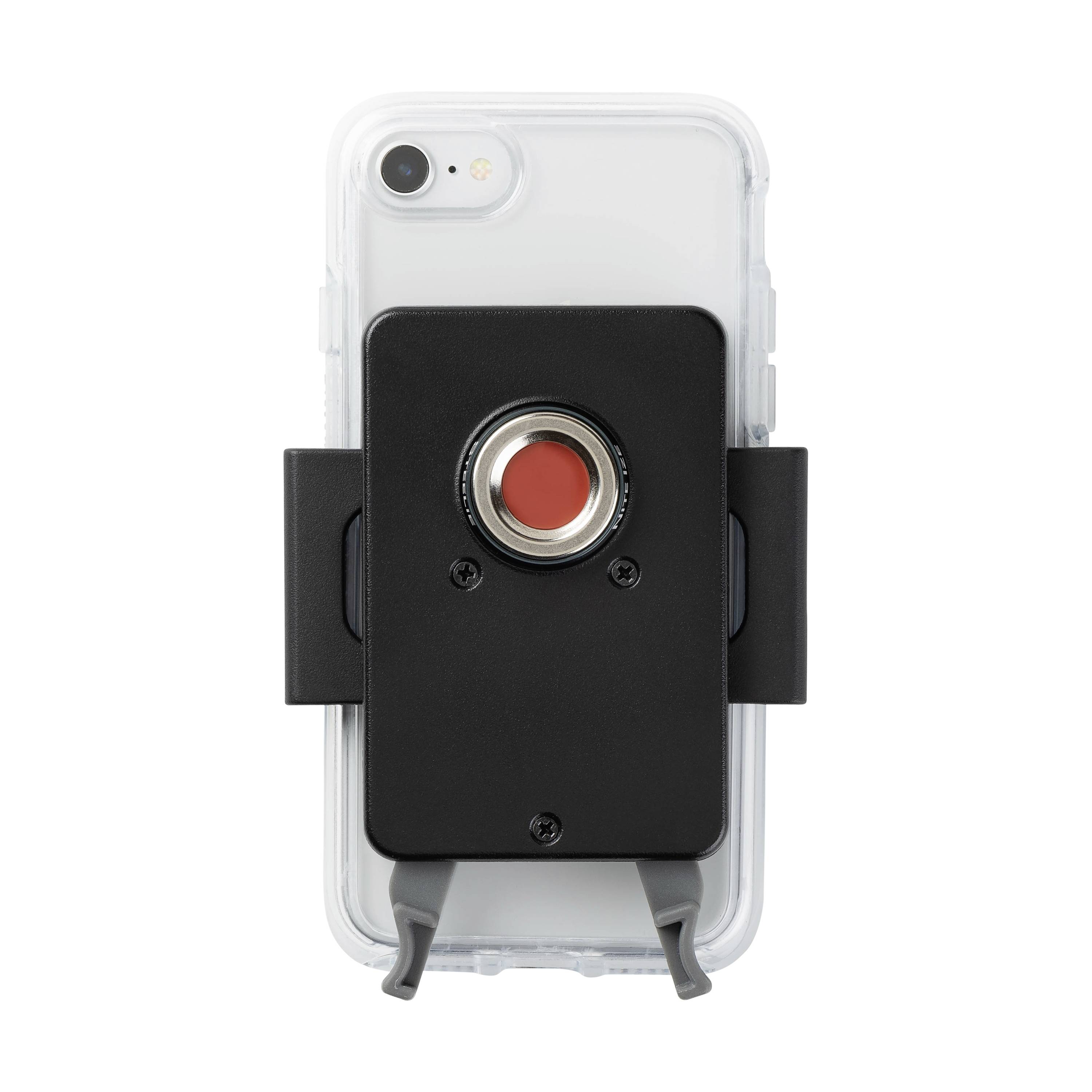 A smartphone with a black mount and a red central button, secured in a clear protective case.