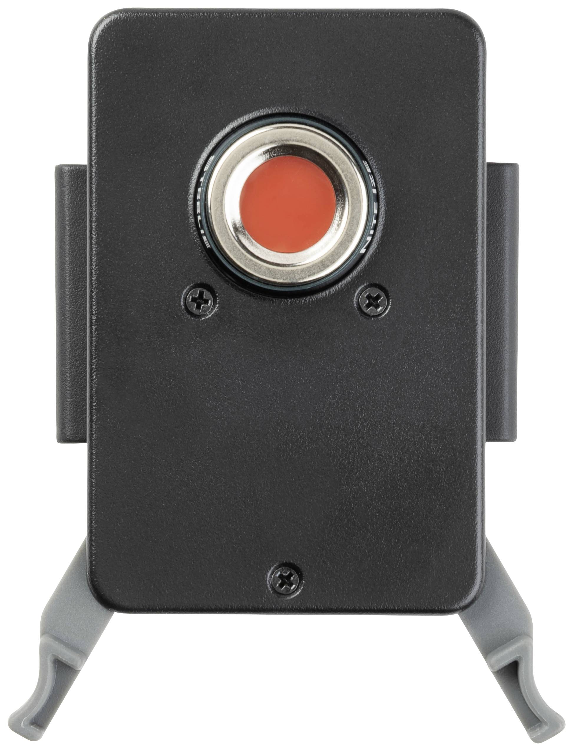 A black rectangular button with a red push switch in the centre, mounted on a base with two lateral mounting elements.