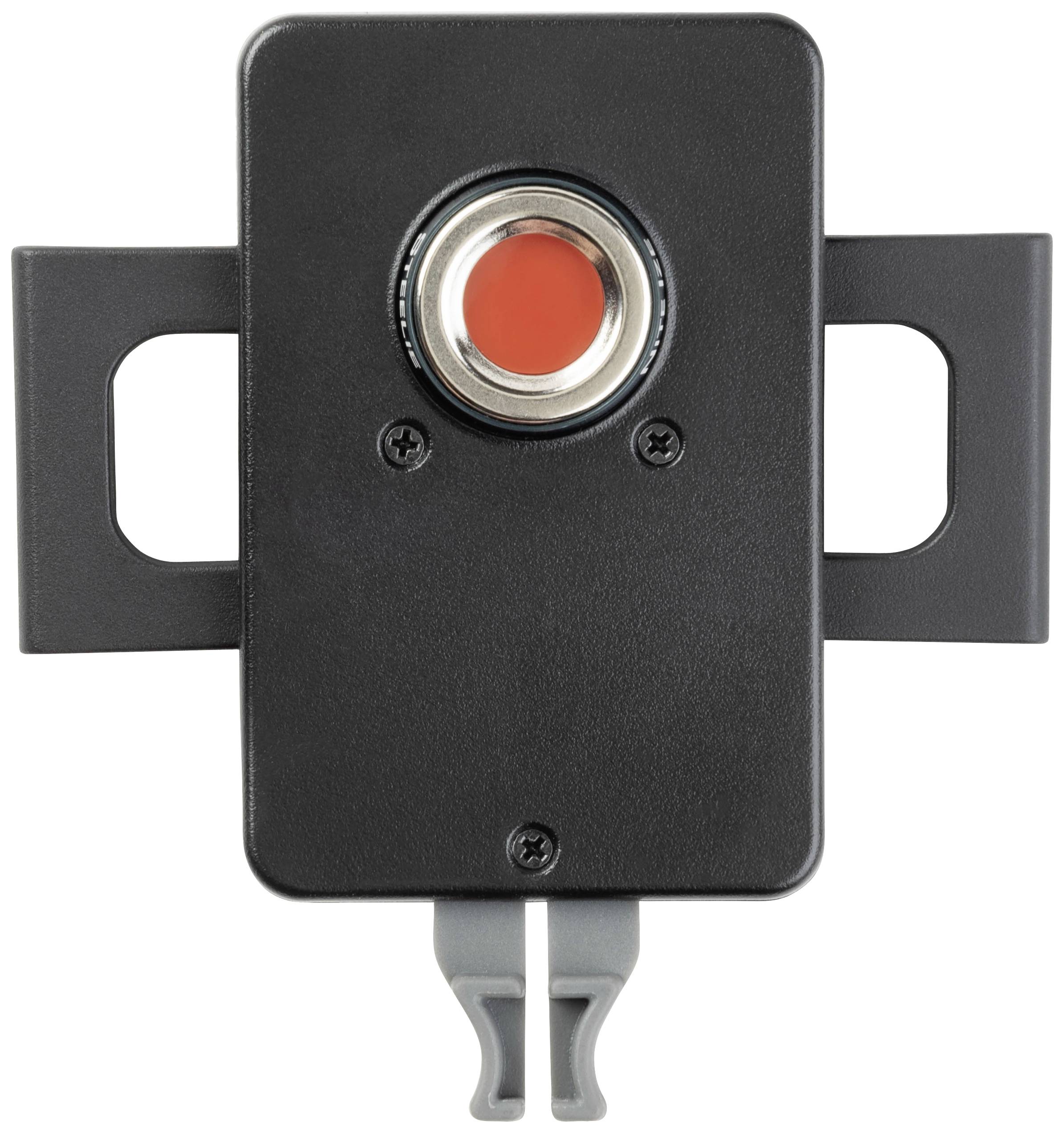 A black emergency stop switch with a red button, mounted on a rectangular plate. Used for immediate shutdown in emergency situations.