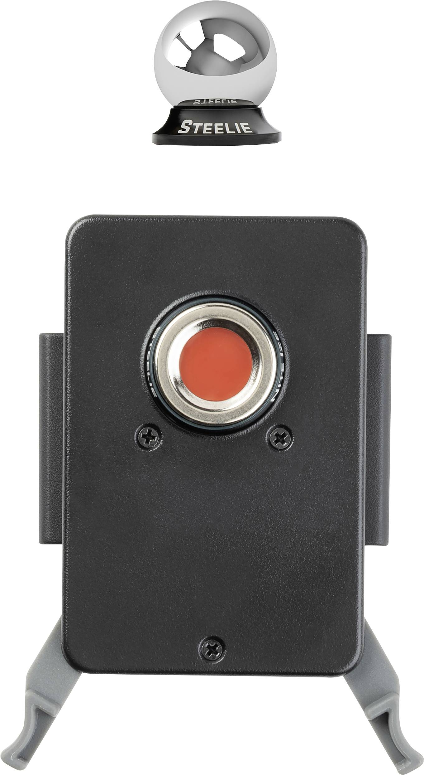 Metal mounting bracket and magnetic system for smartphones with red ball mount, featuring a round head with 'Steelie' logo.