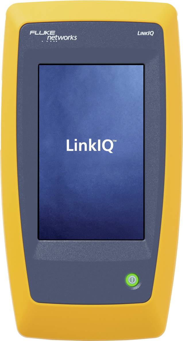 A handheld measuring device with a yellow casing and a screen displaying 'LinkIQ'.