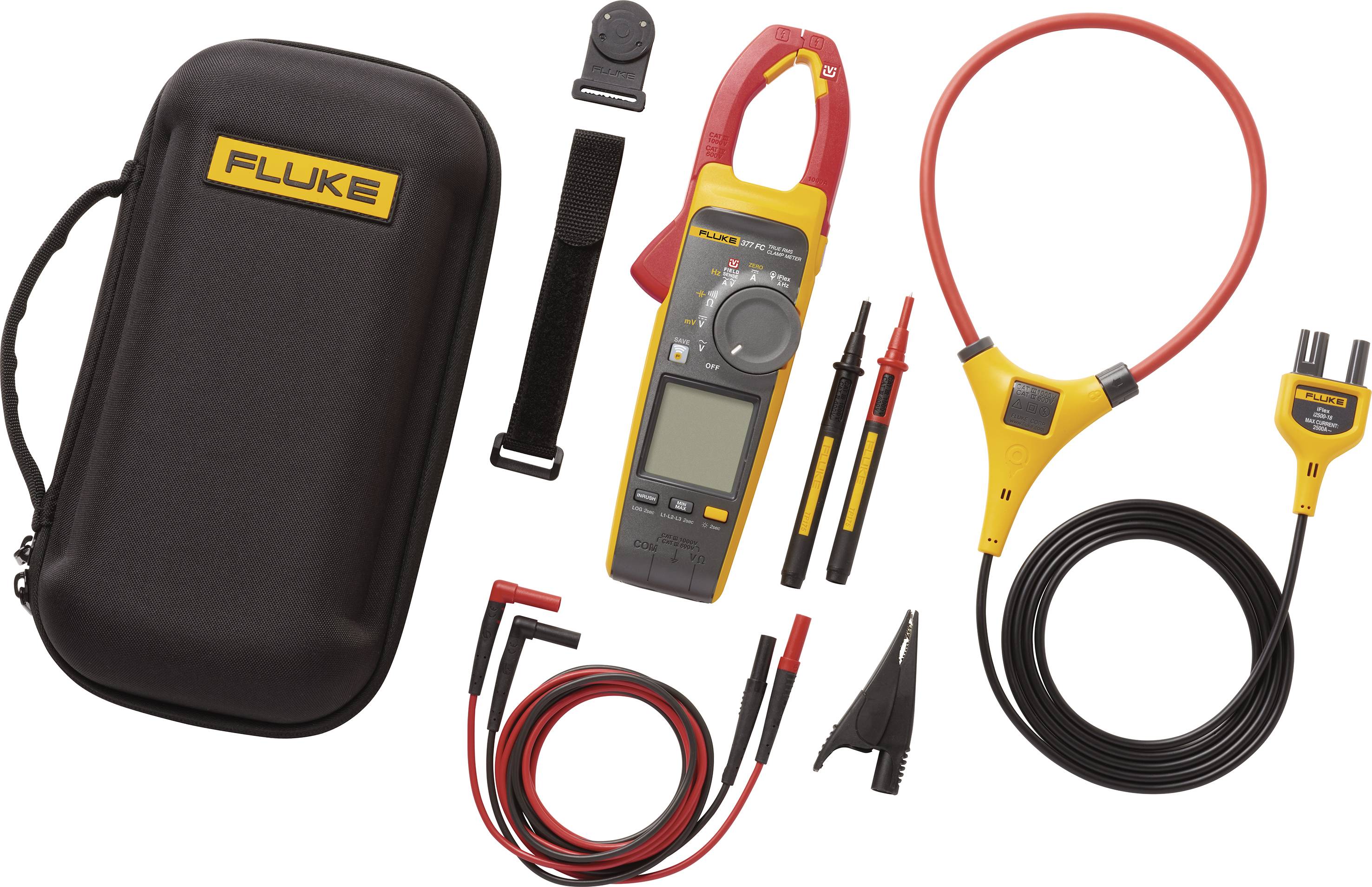 A multimeter set with various cables and accessories, including a carry case and clamp meter, all in black and yellow.