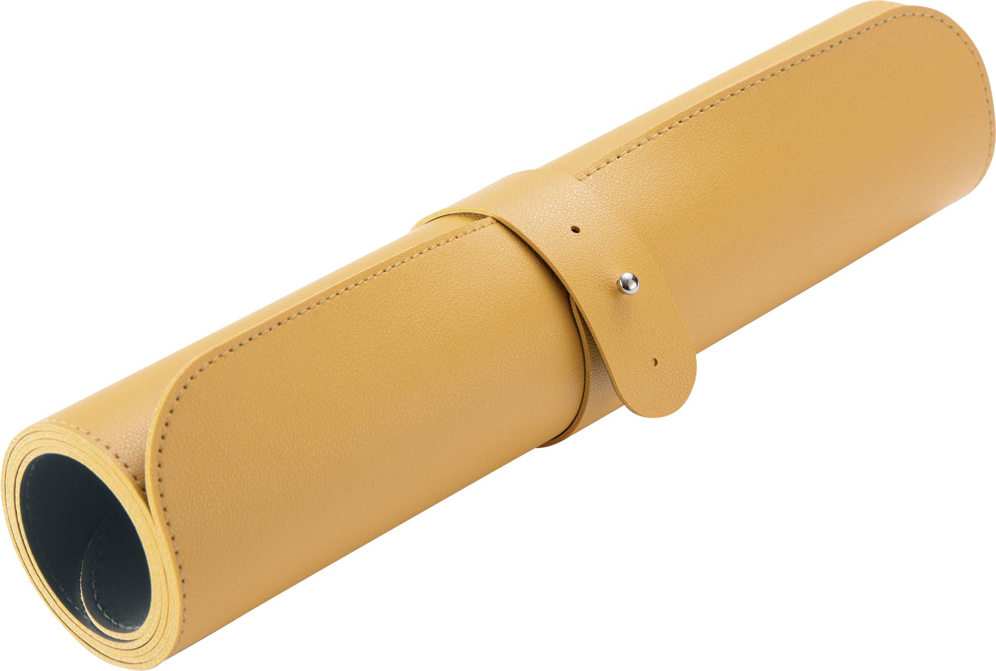 A rolled-up, orange leather mat with straps and a press stud fastening.