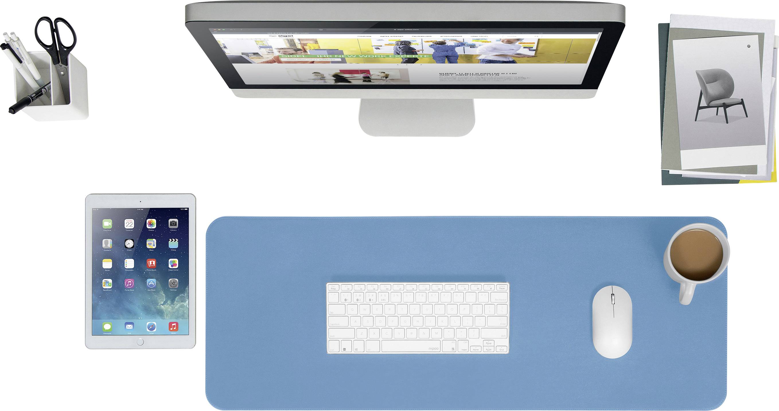 Top-down view of a desk: A computer monitor, a tablet, a keyboard, a mouse, a stack of papers, and a cup of coffee.