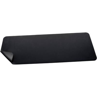 A black, rectangular desk mat with rounded corners and a slightly raised corner at the bottom left.