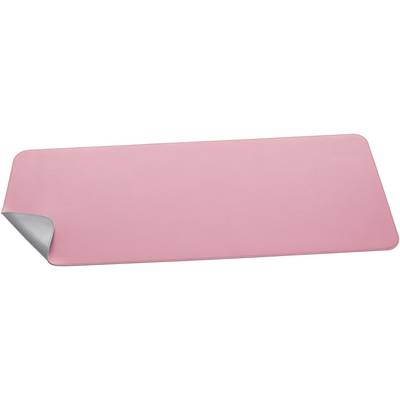 A pink yoga mat with a grey underside, unrolled on a surface, shows a slight bend at the corner.