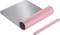 'Pink and grey desk mat, partially rolled, with matching fastening band.'