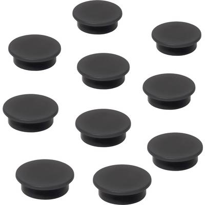 Ten black, round plastic plugs evenly distributed on a white background, presumably for covering holes or screws.