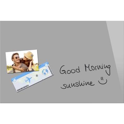 Photo of a smiling couple, flight ticket beside it, text on a grey background: 'Good morning, sunshine :)'.