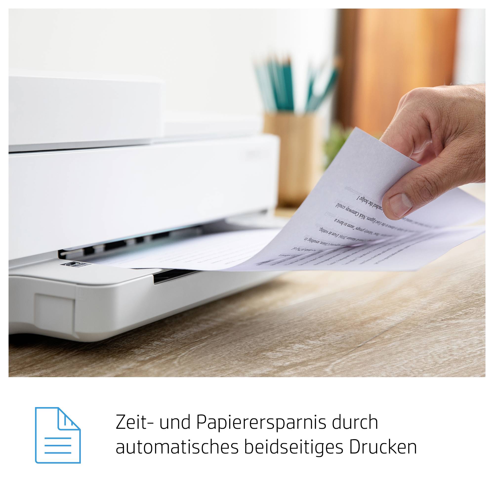A printer on a table is printing double-sided. Text: 'Time and paper savings through automatic duplex printing'.
