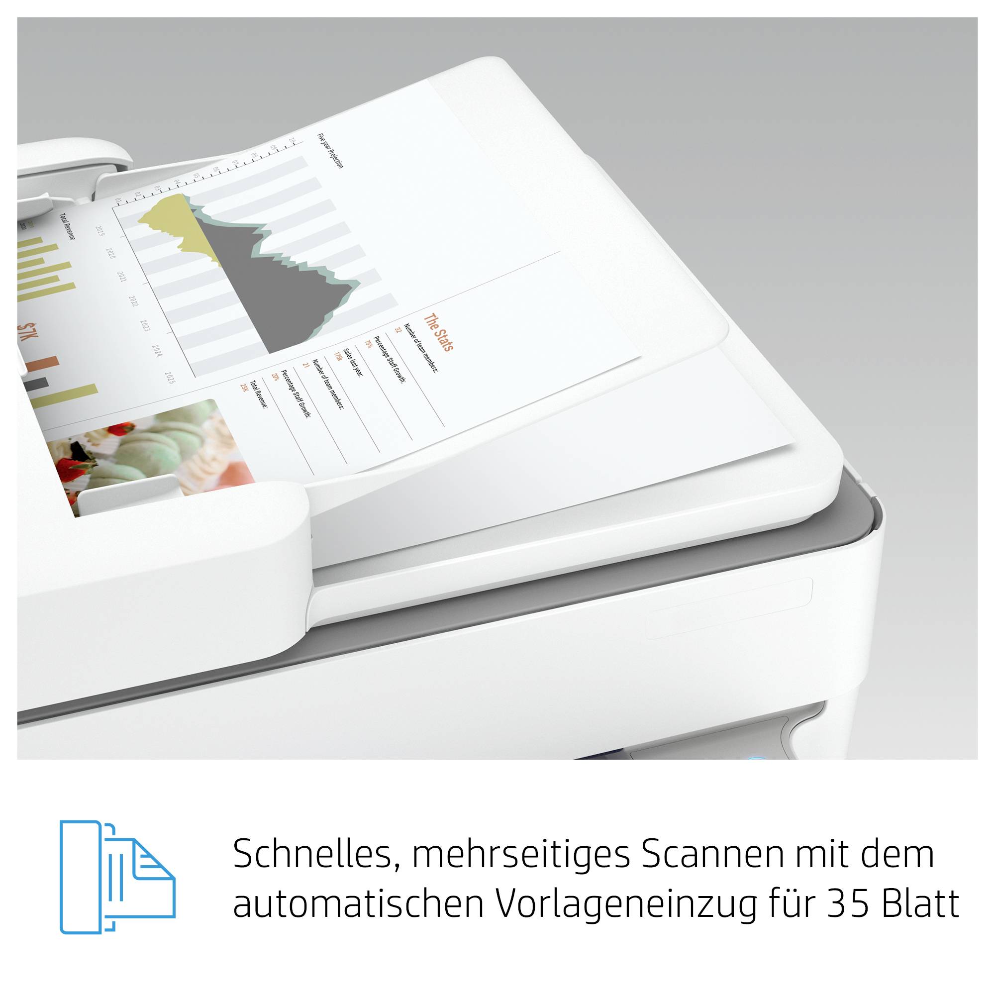 Multifunction printer scans graphics and documents across multiple pages with an automatic feeder for 35 sheets.