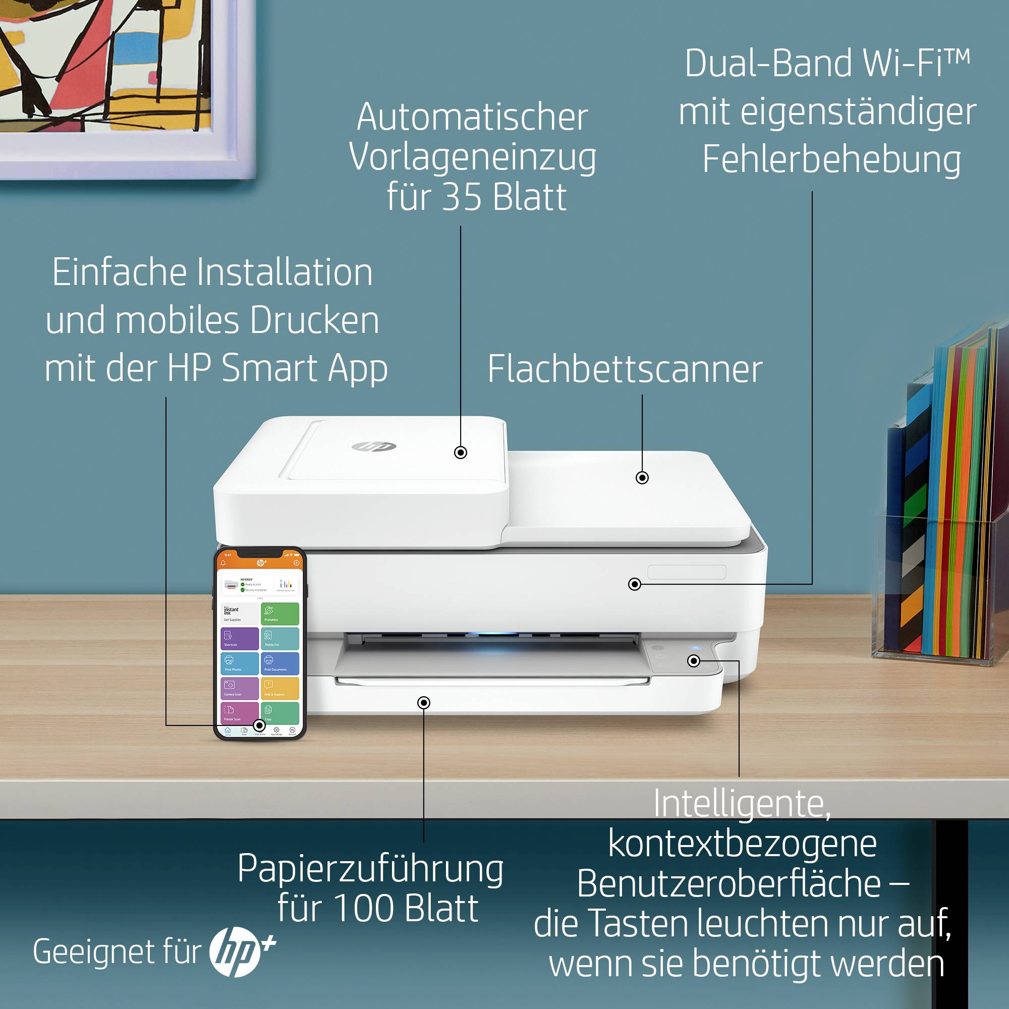 'Printer with 35-sheet ADF, flatbed scanner, dual-band Wi-Fi. Intuitive interface with illuminated buttons. Compatible with HP Smart App.'