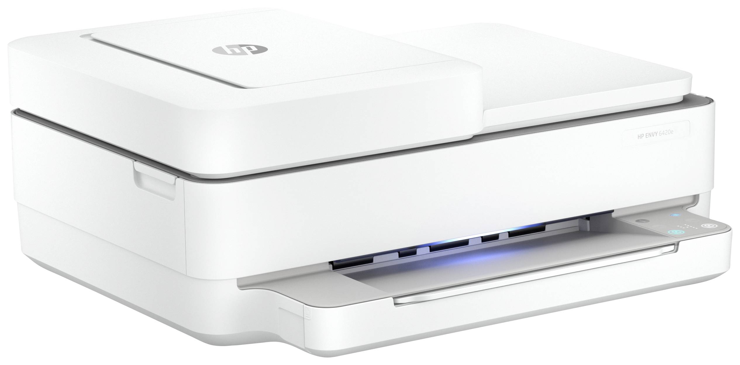 A white flatbed scanner with three control buttons on the front, suitable for scanning documents.