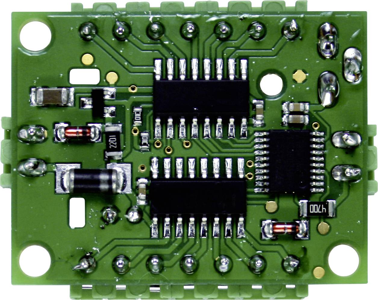 Green electronic circuit board with multiple integrated circuits, resistors, and connections. Technical component.