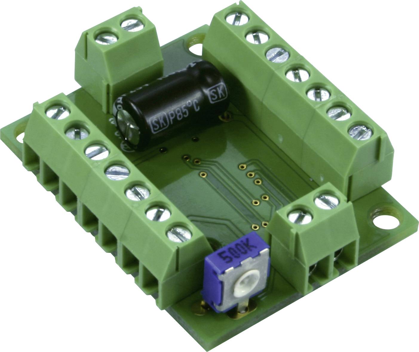 Green electrical circuit board with multiple screw terminals and a blue potentiometer, suitable for electrical connection.