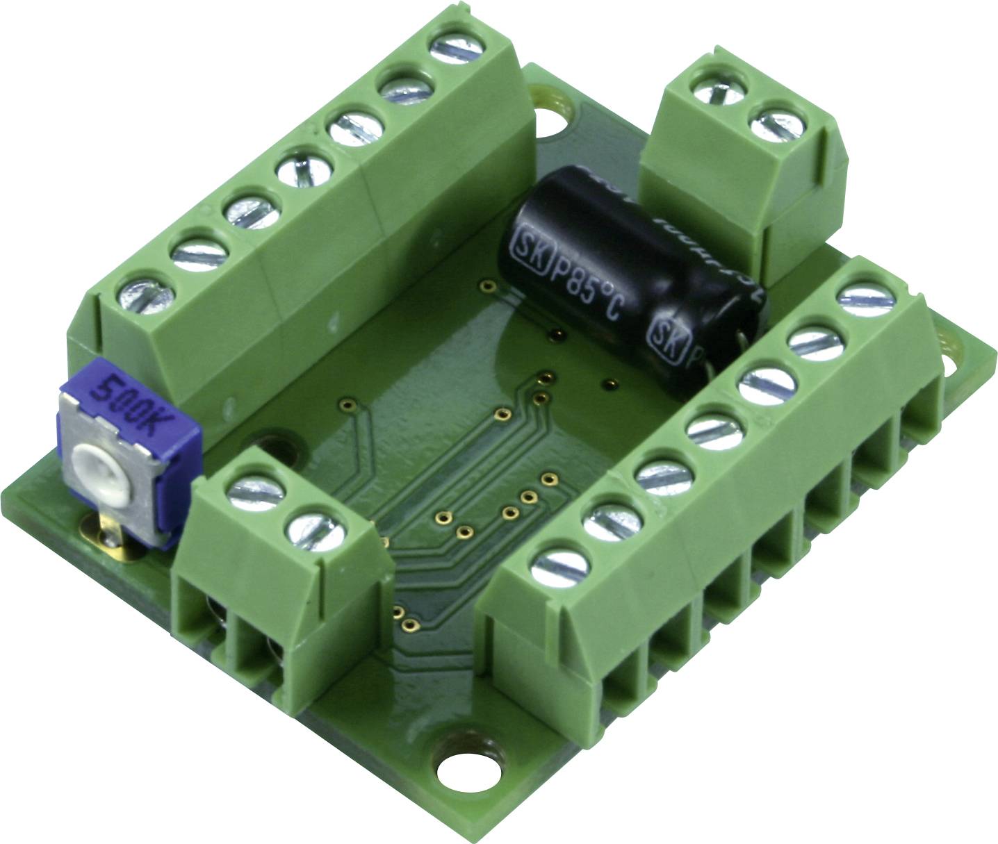 Green electronic circuit board with black and blue components, including a potentiometer and several terminal blocks.
