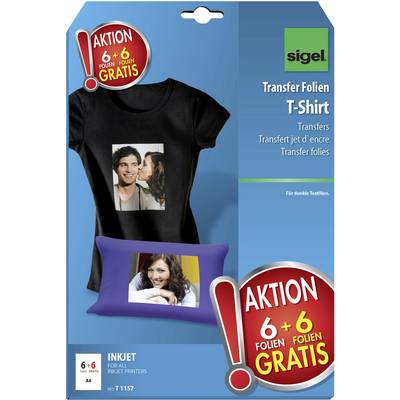 T-Shirt Transfer Set for Dark Textiles. Includes 6 transfer sheets and 6 free. Pictured are a T-shirt and a cushion with photos.