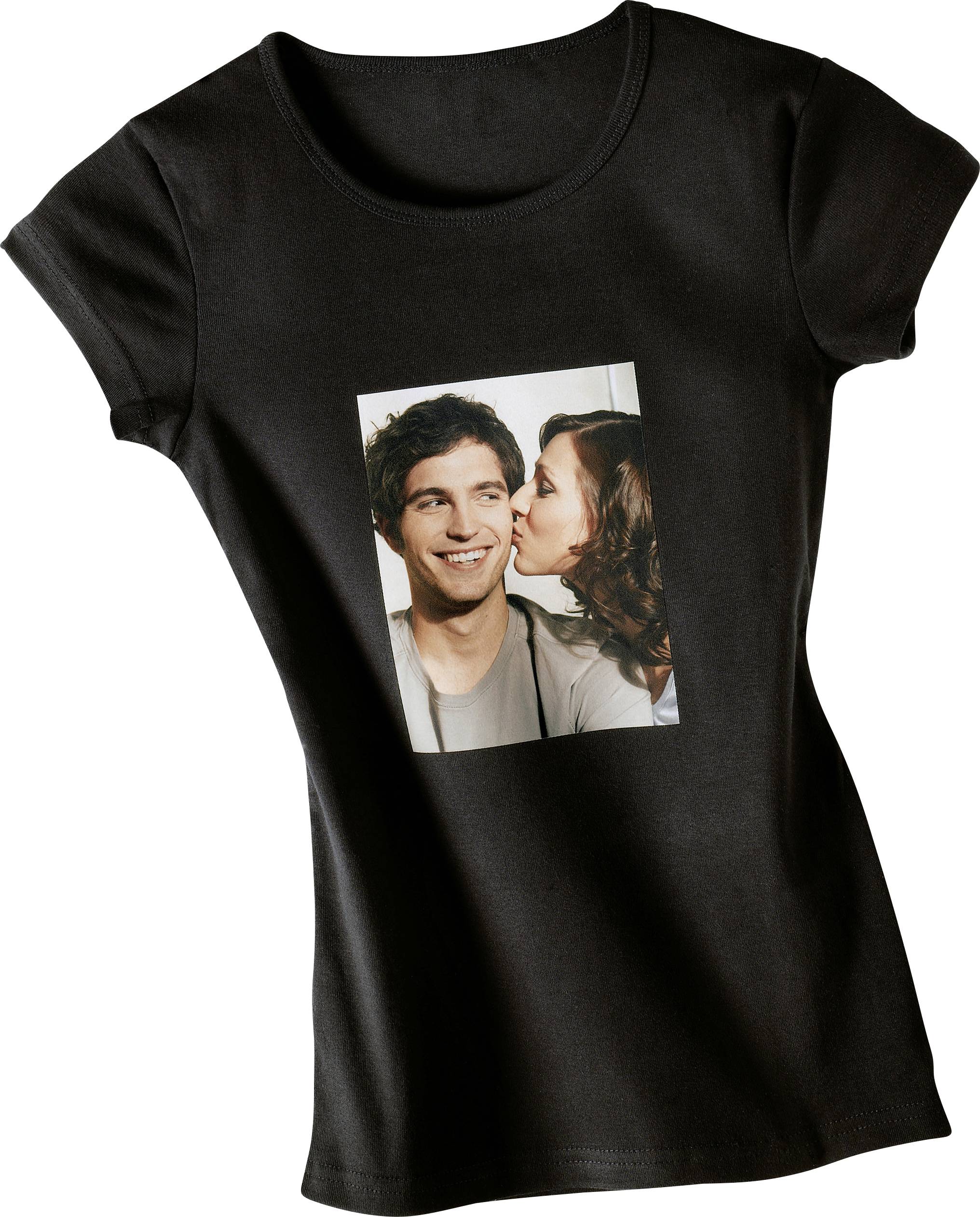 Black T-shirt with a photo of a smiling man and a woman kissing him on the cheek.