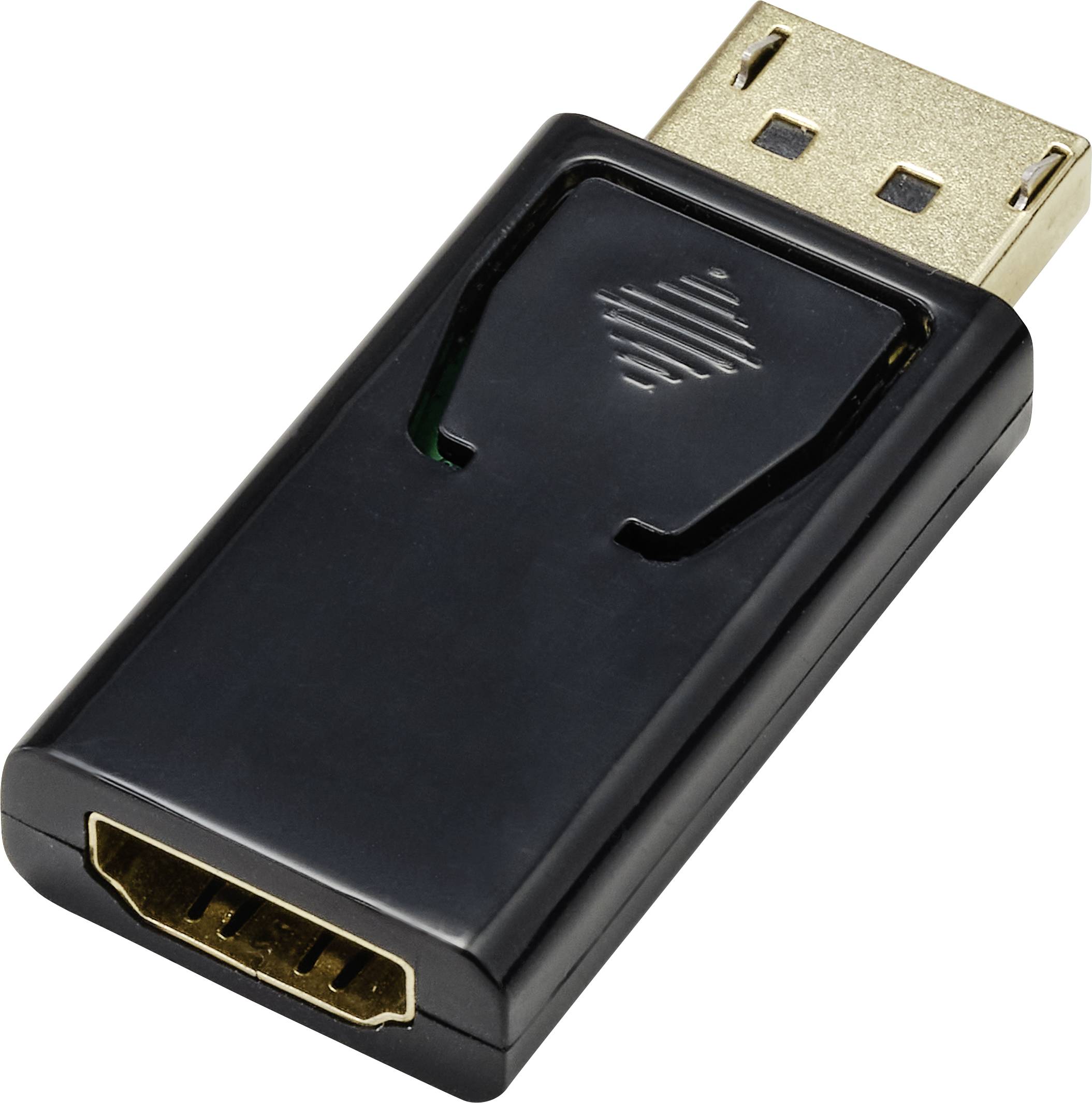 A black adapter with a DisplayPort plug on one side and an HDMI socket on the other, for video connections.
