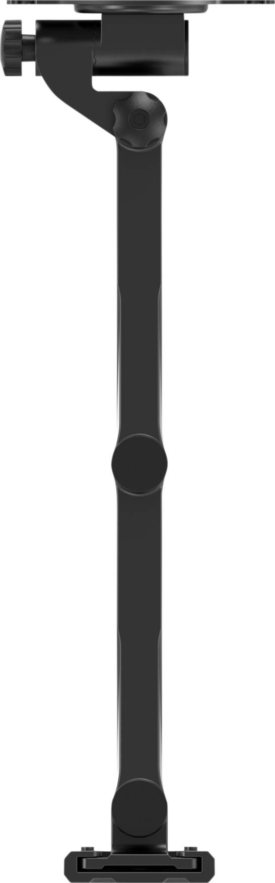 A black, adjustable tablet stand arm with pivoting joints for mounting on a table or desk.