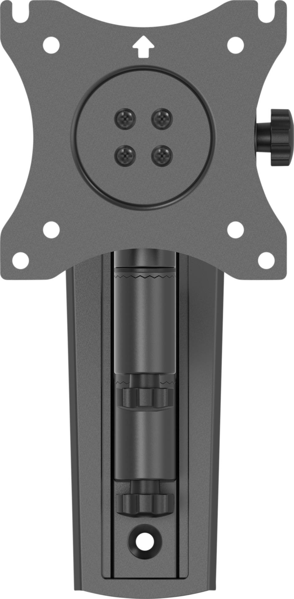 A black TV mounting bracket with VESA mount and adjustable arm. Ideal for securely wall-mounting monitors or televisions.