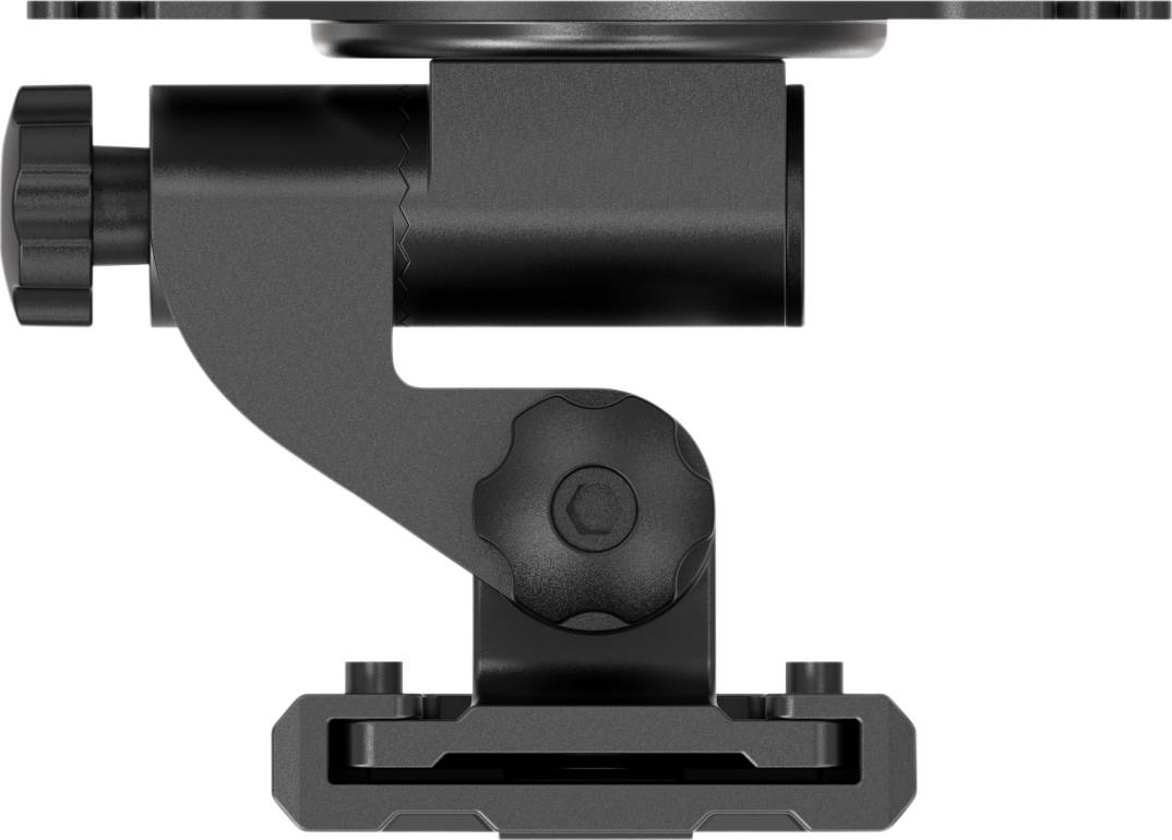 'A black metal hinge with an adjustment knob, which is part of a mounting bracket.'