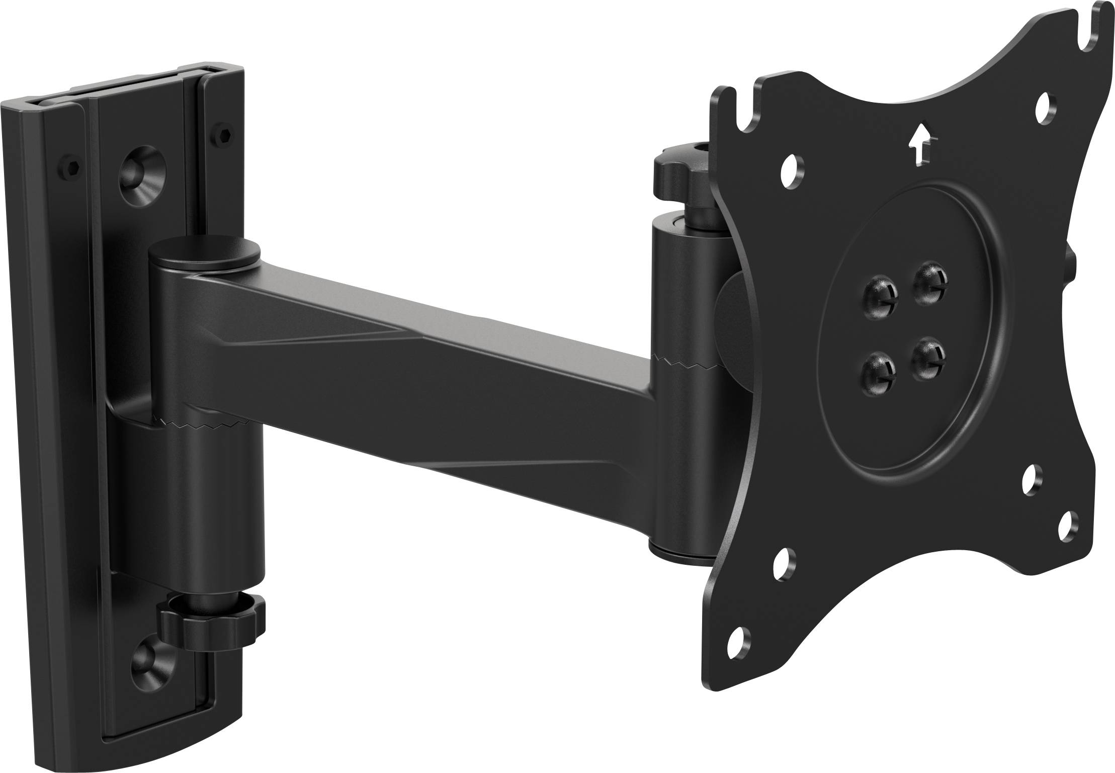 Black wall mount for monitors and televisions, with swivel arm and hole patterns for mounting.