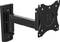 Black wall mount for monitors and televisions, with swivel arm and hole patterns for mounting.