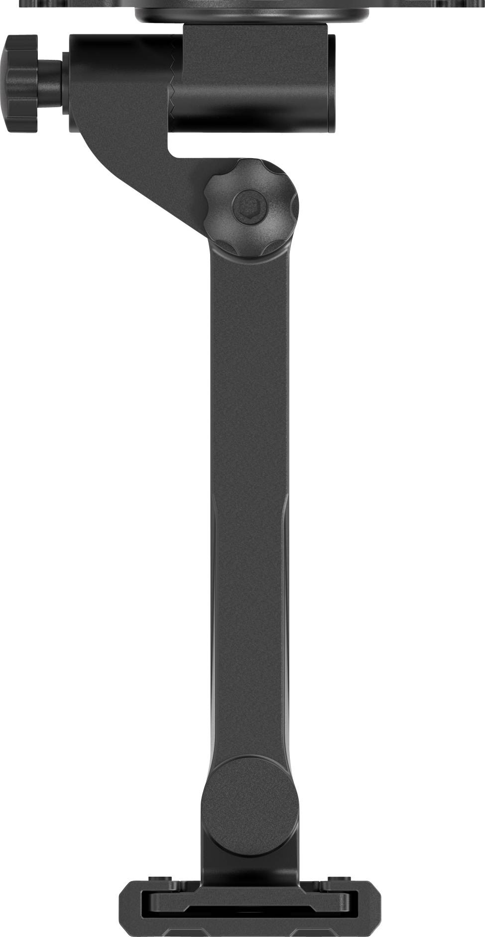 A black, vertical camera mounting arm with an adjustment button, side view, against a white background.