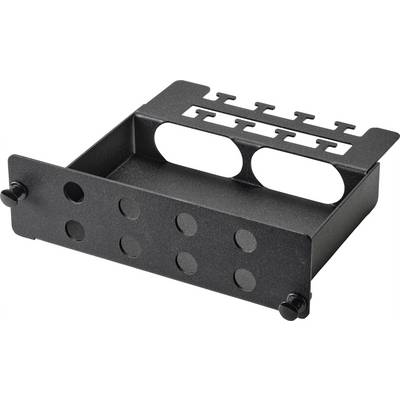 A black metal bracket with multiple holes and slots, potentially suitable for wall mounting and holding cables or devices.