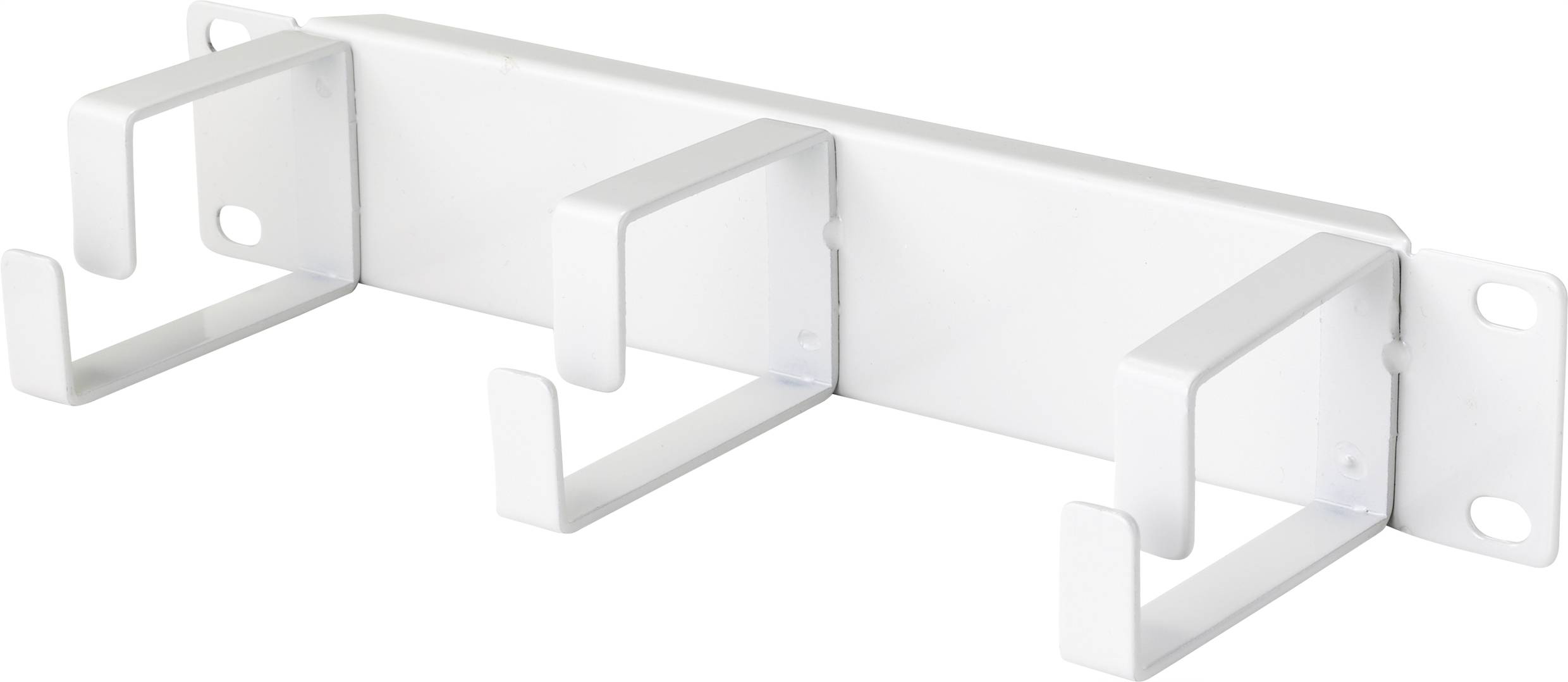 White metal wall hook with three U-shaped hooks for wall mounting. Ideal for organising cables or tools.