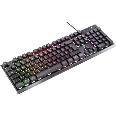 A gaming keyboard with illuminated keys in various colours, connected via a USB cable.