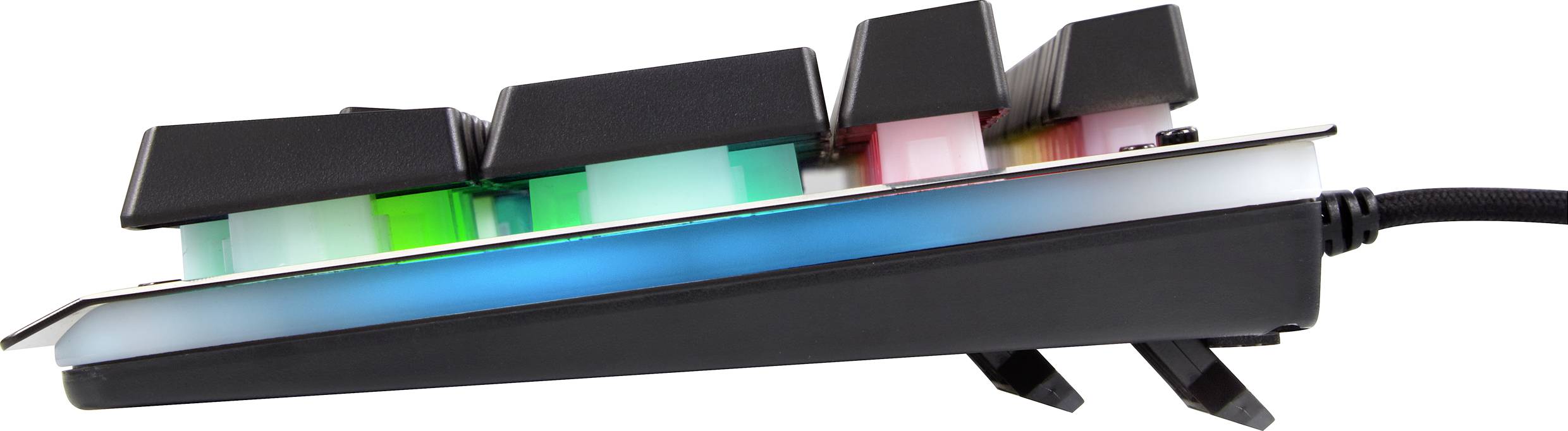 Side view of a computer keyboard, showing keys with colourful mechanical switches, with a glowing blue effect strip underneath.