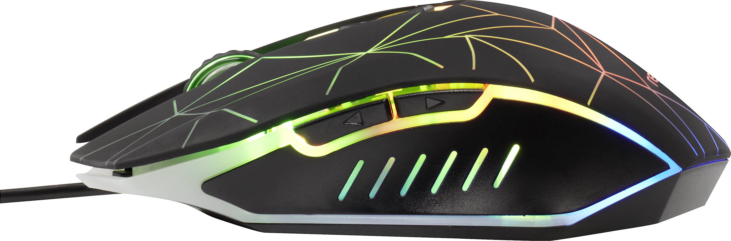Black gaming mouse with coloured LED lighting and patterns. Side buttons for control.