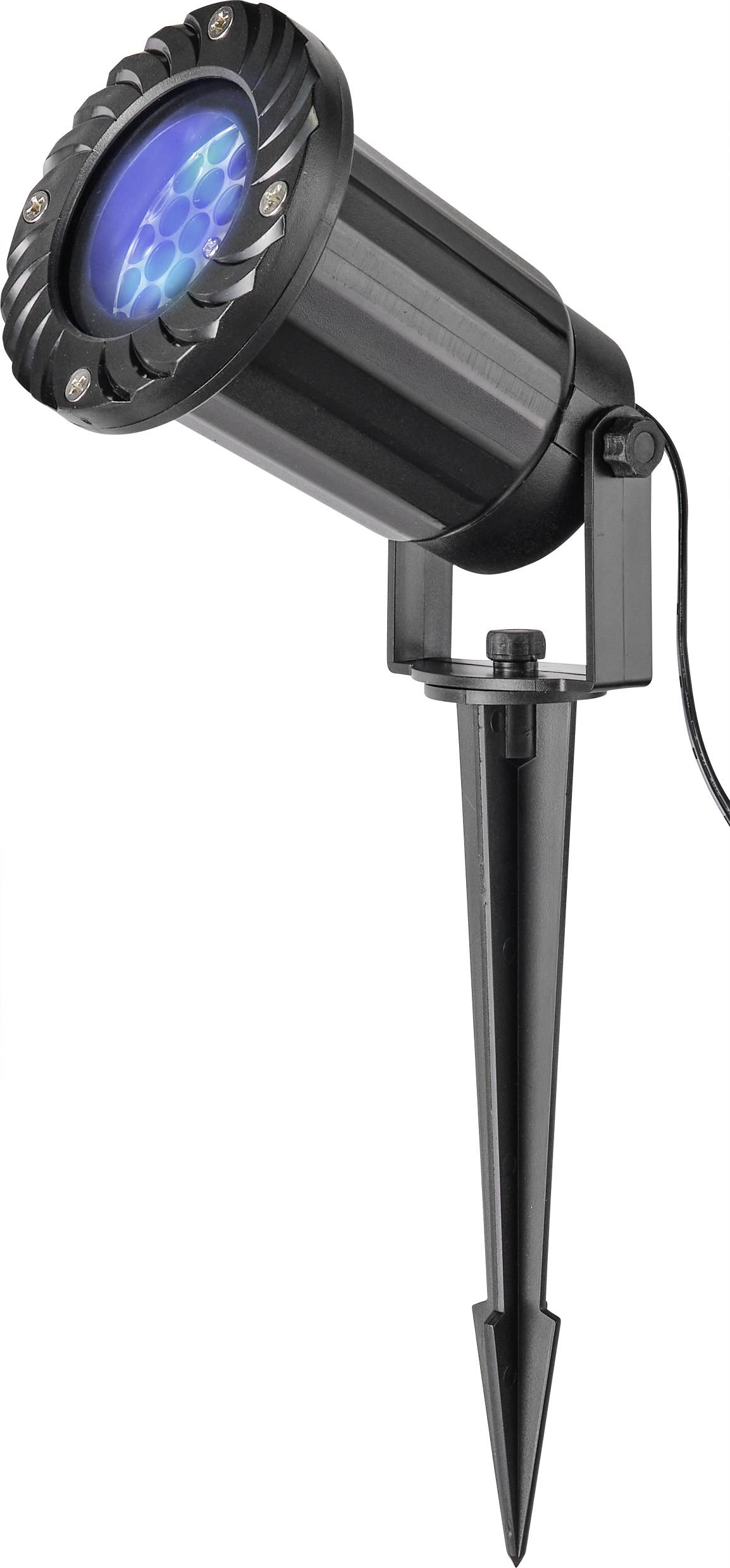 Black garden spotlight with blue illumination, mounted on a ground spike, suitable for outdoor use.