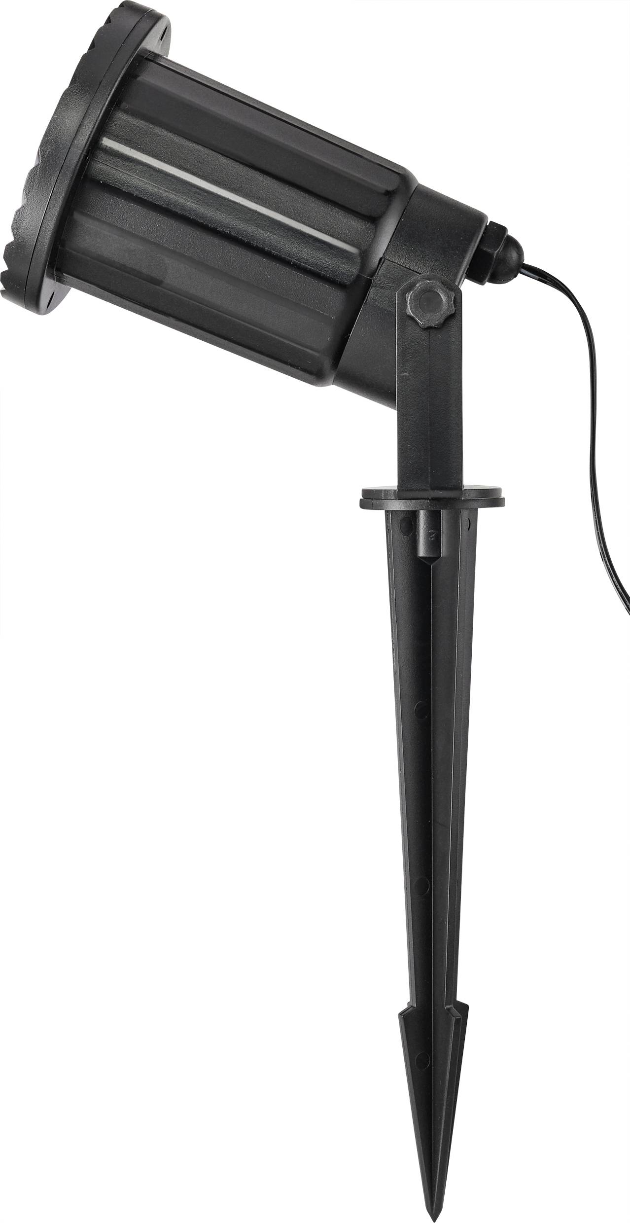Black garden spotlight with ground spike, suitable for outdoor lighting.