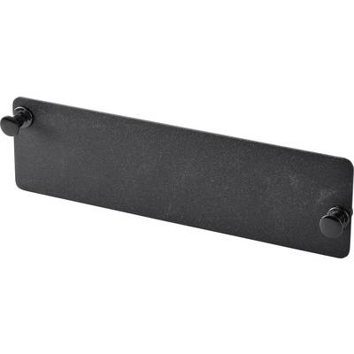 Black metal plate with rounded corners and two screws, possibly used as a cover or mounting element.
