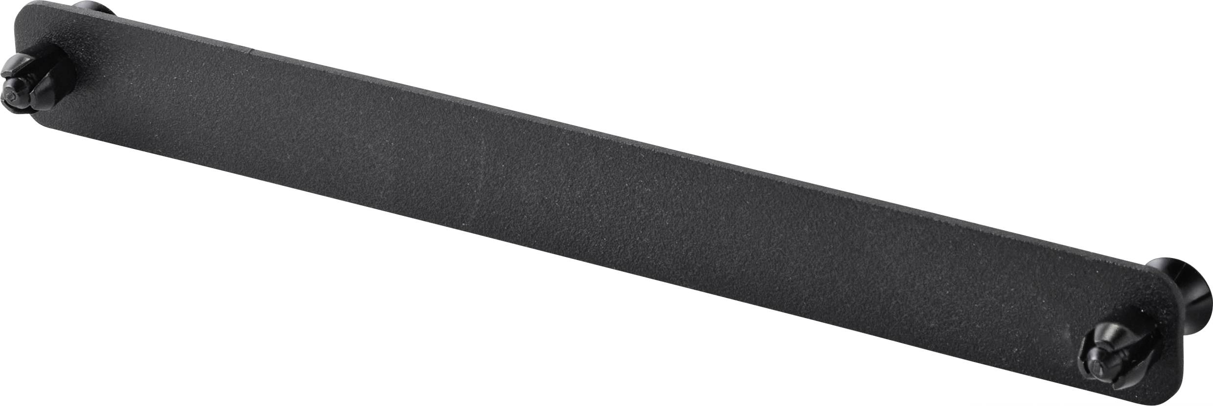 Black metal plate with two screws at the ends, suitable as a 1U rack blanking panel for network or audio racks for covering.